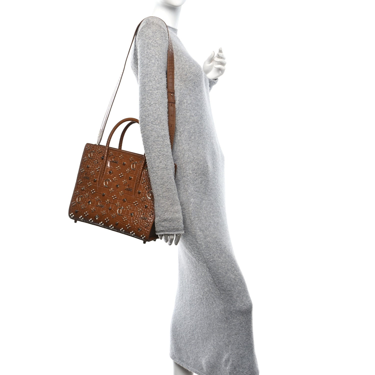 Calfskin Crocodile Embossed Studded Medium Paloma Brown