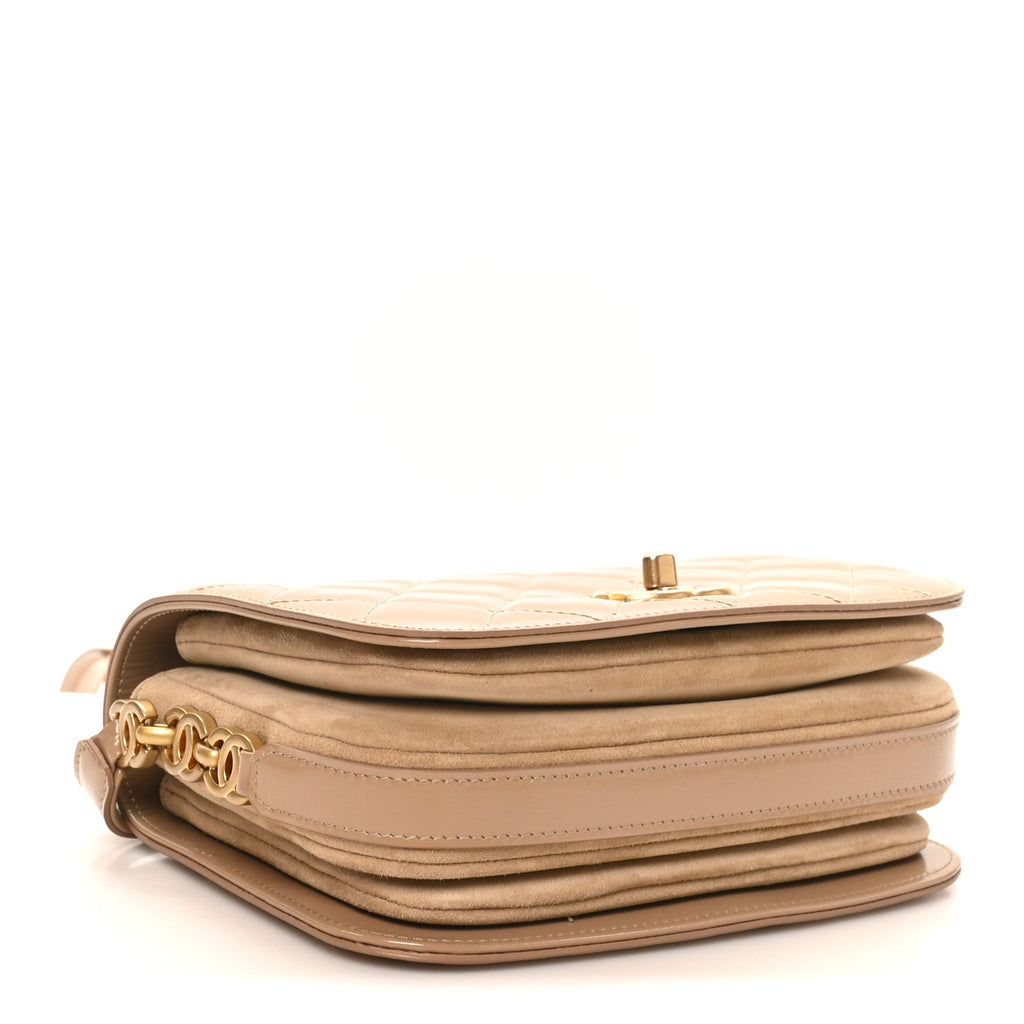 Shiny Calfskin Quilted Suede Goatskin Messenger Beige