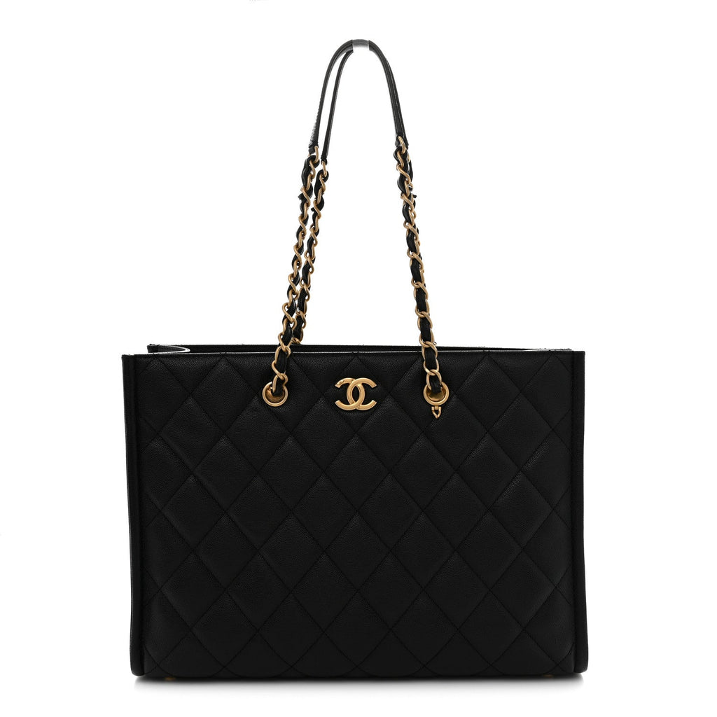 Caviar Quilted Chain Large Shopping Tote With Coin Purse Black