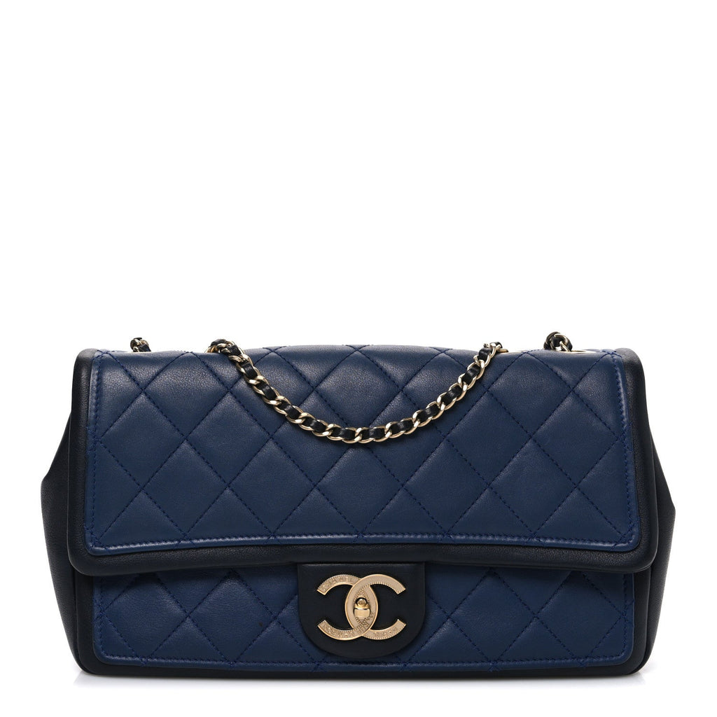 Calfskin Quilted Medium Graphic Flap Blue Black