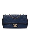 Calfskin Quilted Medium Graphic Flap Blue Black