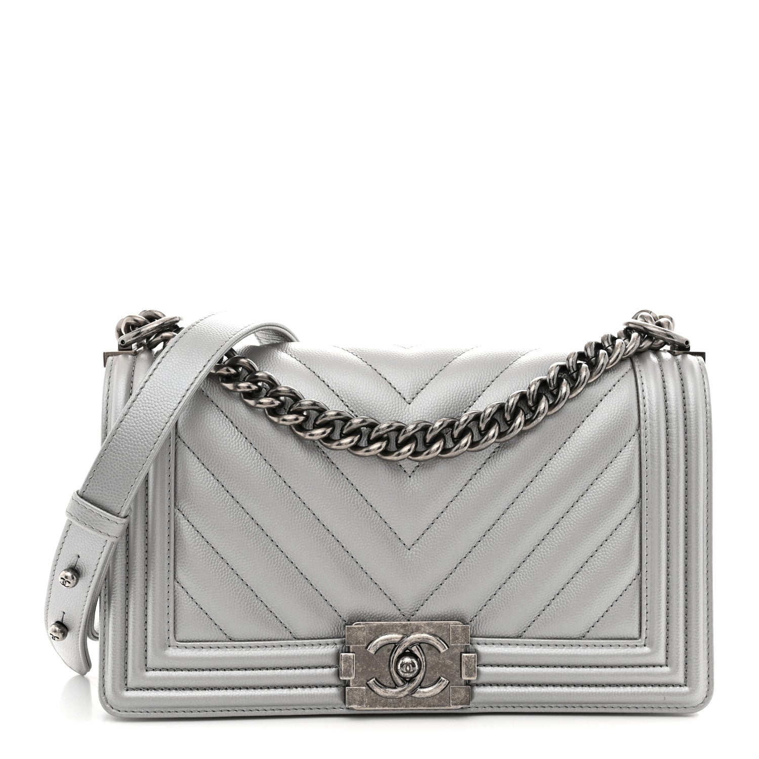 Metallic Caviar Chevron Quilted Medium Boy Flap Silver