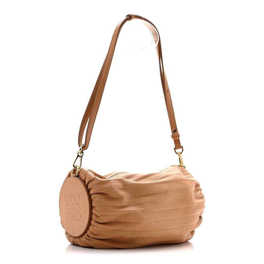 Lambskin Pleated Bracelet Pouch Shoulder Bag Warm Desert