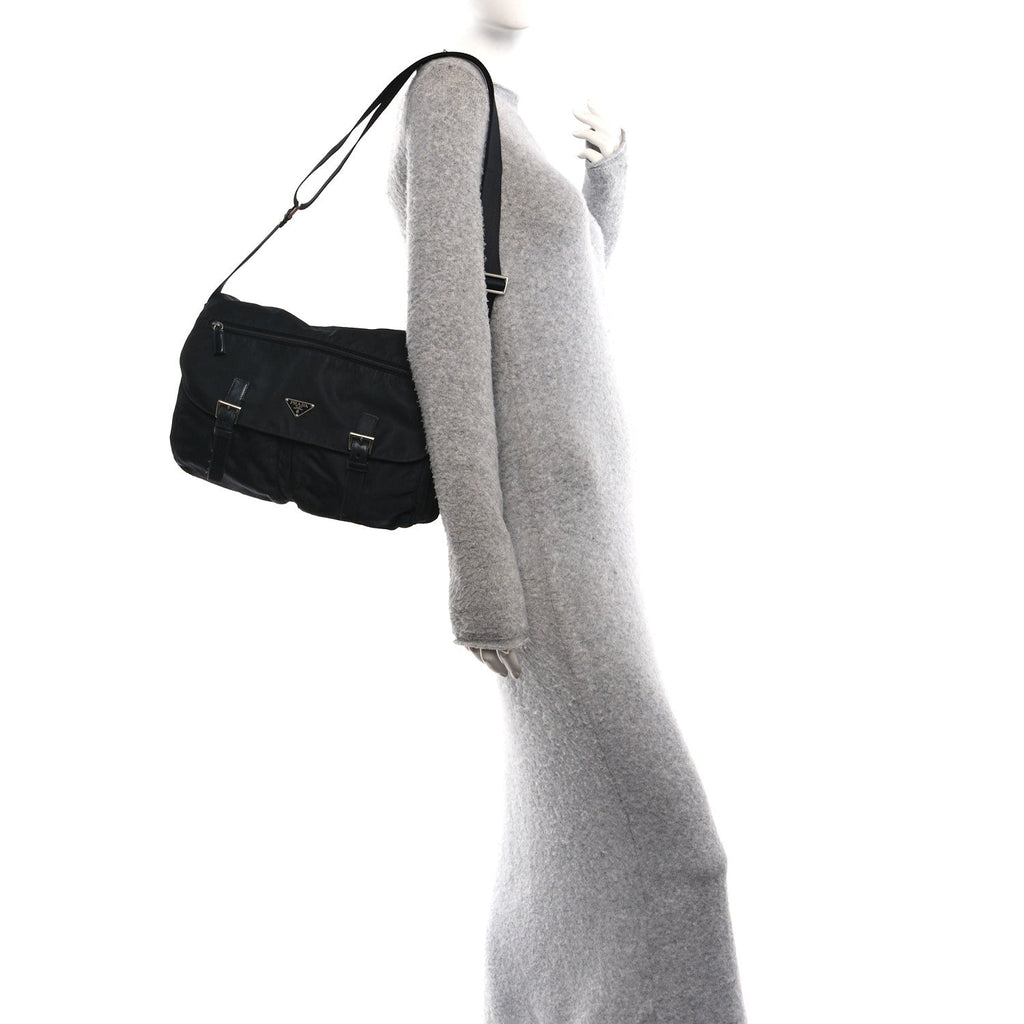 Tessuto Nylon Saffiano Double Buckle Messenger Shoulder Bag Black