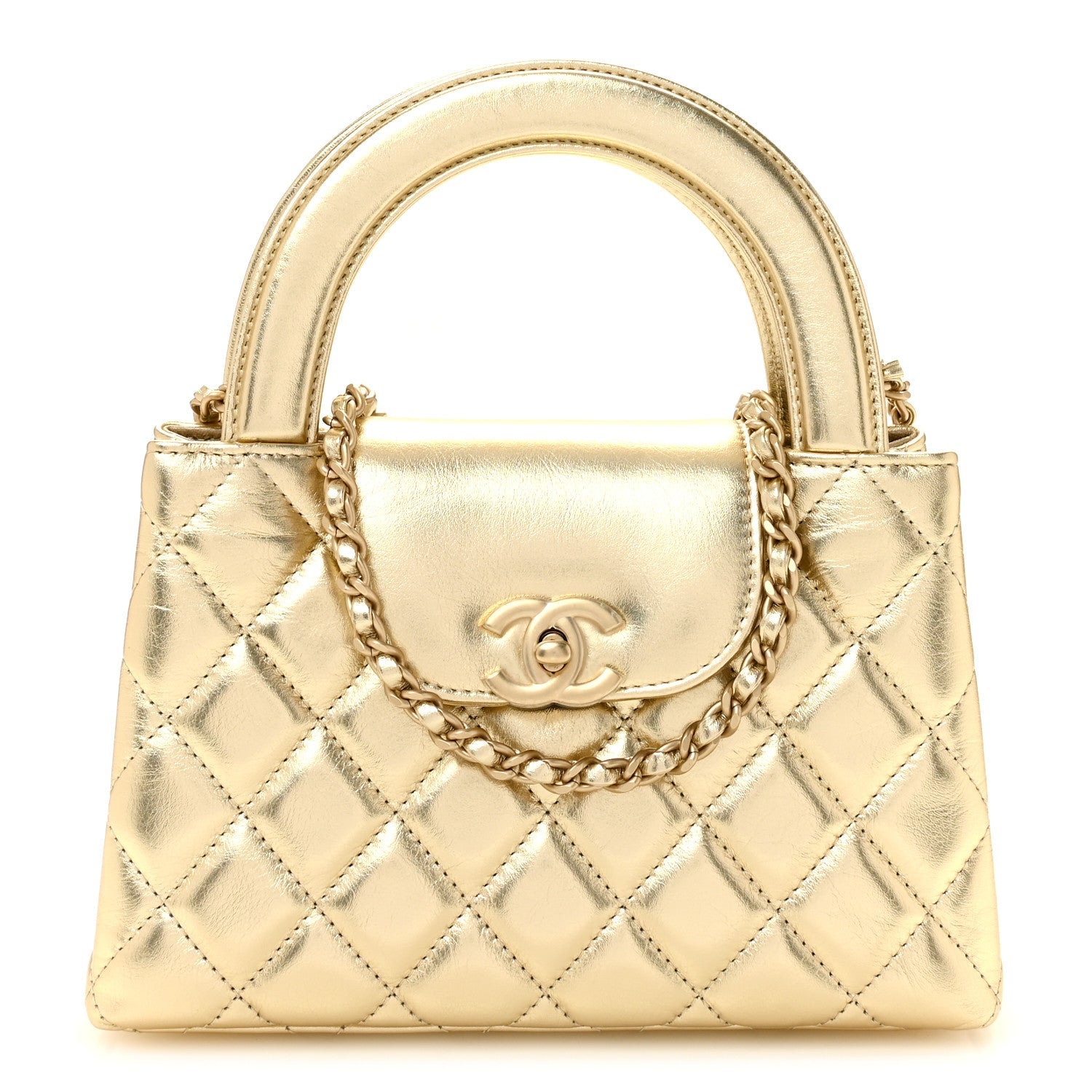 Metallic Shiny Aged Calfskin Quilted Nano Kelly Shopper Gold