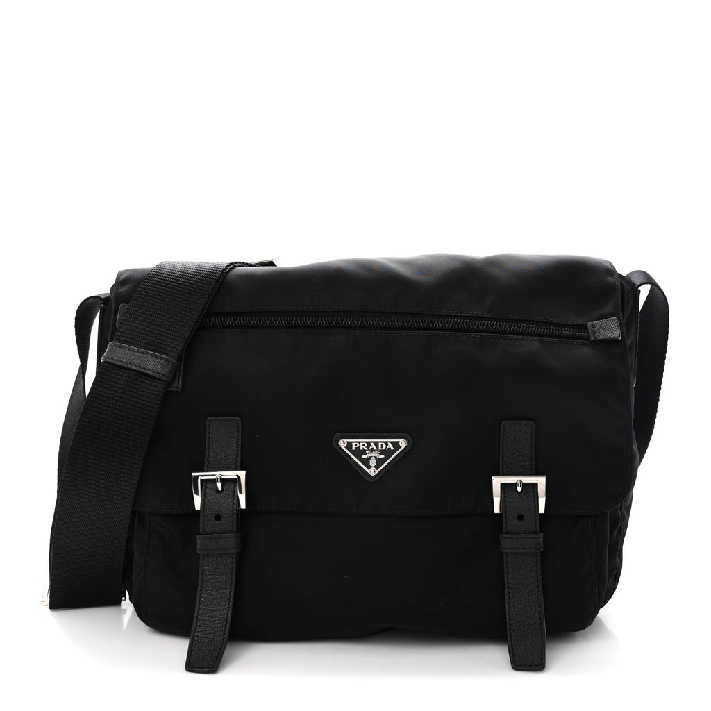 Tessuto Nylon Saffiano Double Buckle Messenger Shoulder Bag Black