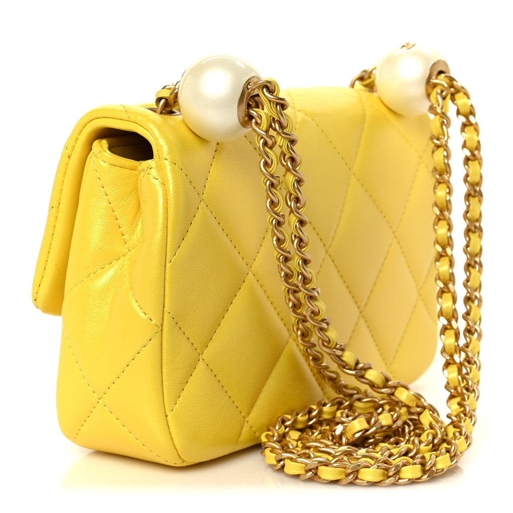 Pearly Lambskin Pearl Quilted Mini Flap Yellow Yellow