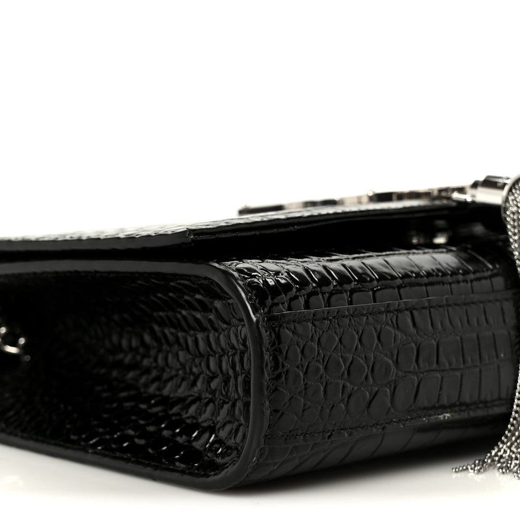 Calfskin Crocodile Embossed Small Classic Monogram Kate Tassel Satchel Black