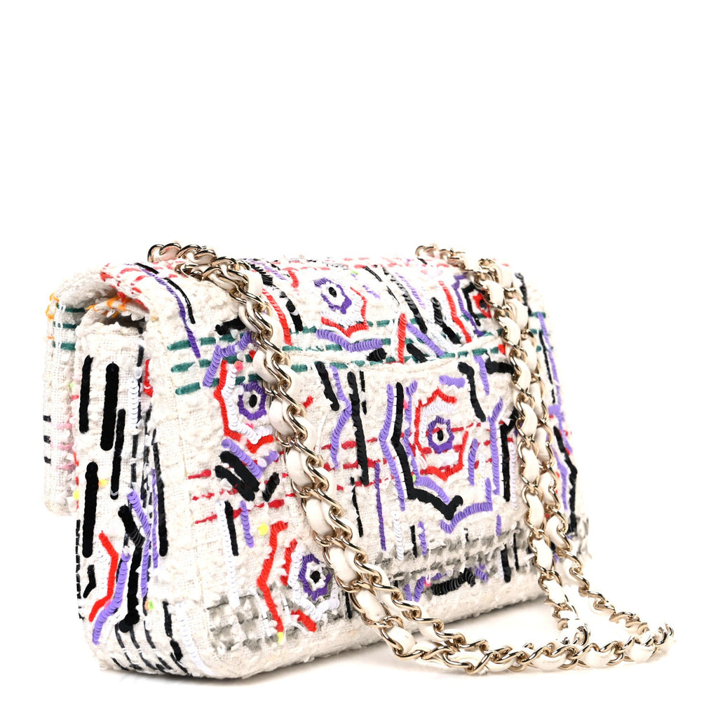 Tweed Braid Sequin Medium Double Flap White Purple Multicolor