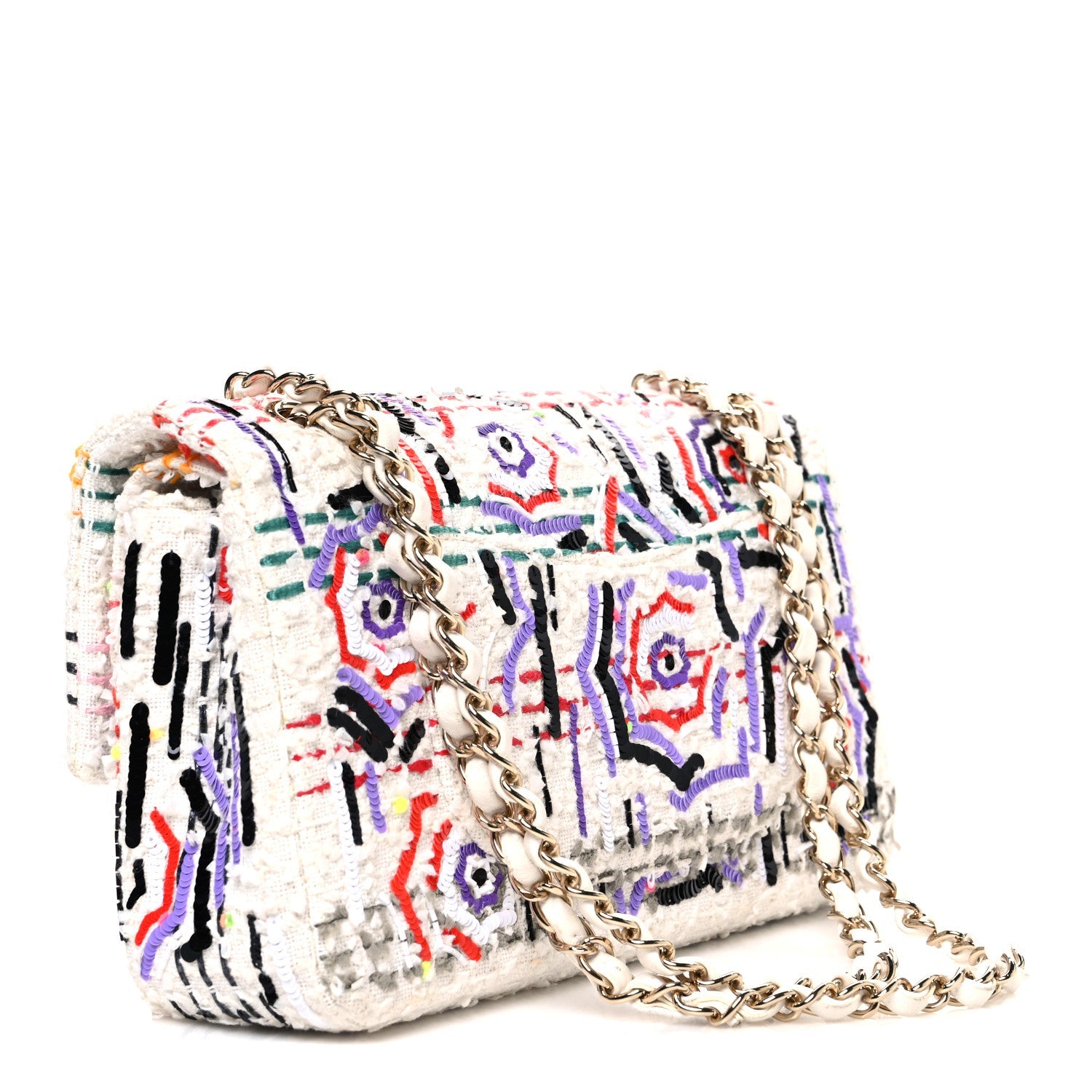 Tweed Braid Sequin Medium Double Flap White Purple Multicolor