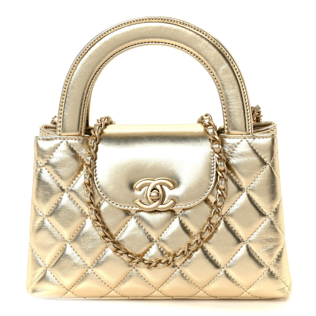 Metallic Shiny Aged Calfskin Quilted Nano Kelly Shopper Gold