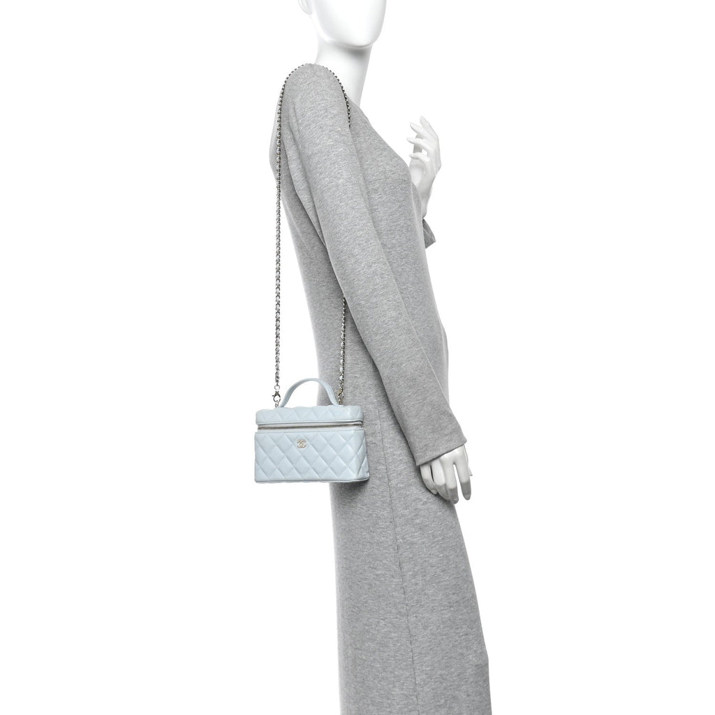 Caviar Quilted Top Handle Slim Vanity With Chain Light Blue