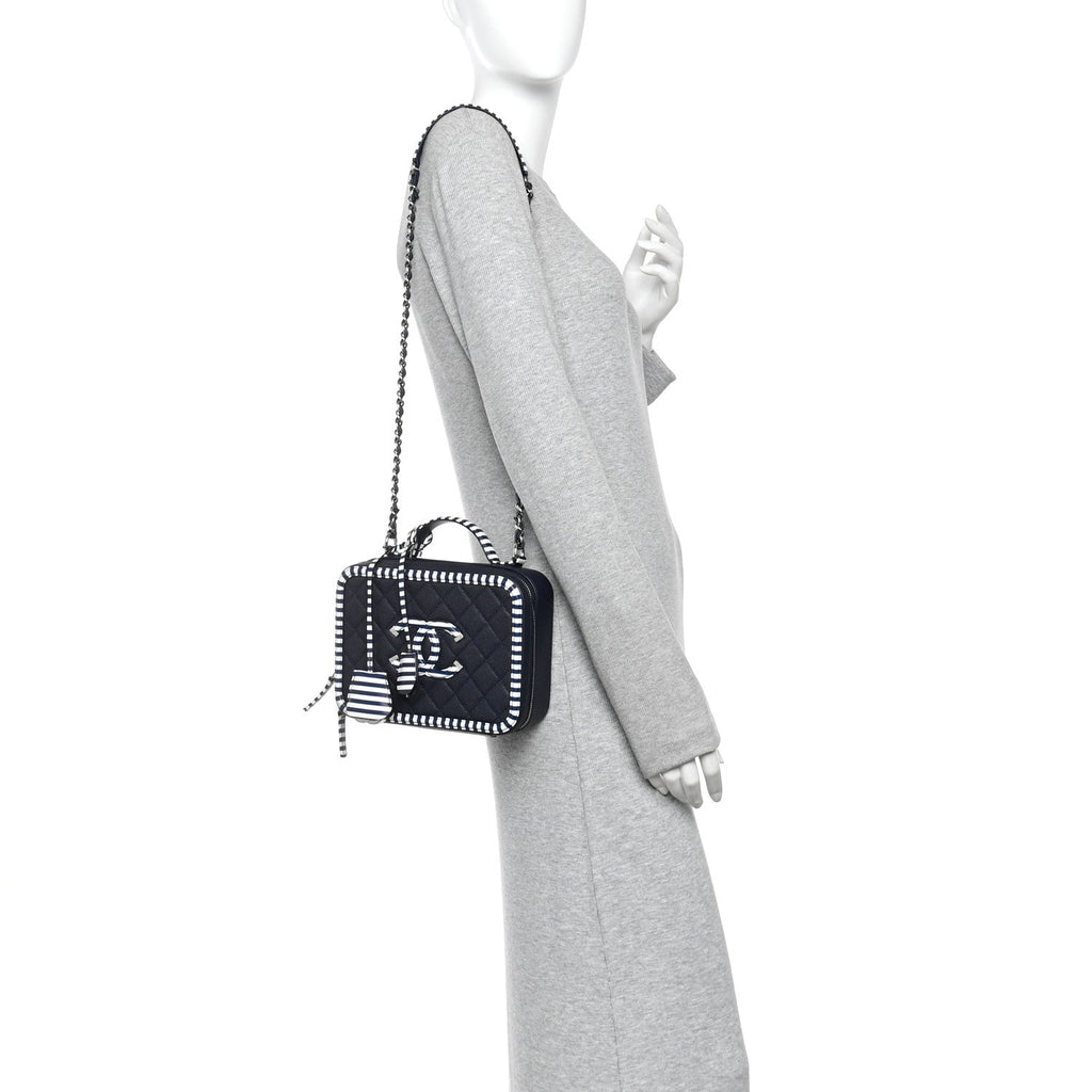 Caviar Quilted Striped Medium CC Filigree Vanity Case Navy White