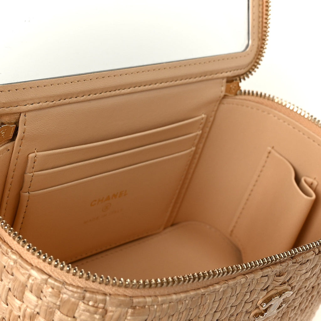 Braided Raffia Quilted Top Handle Slim Vanity Case With Chain Beige