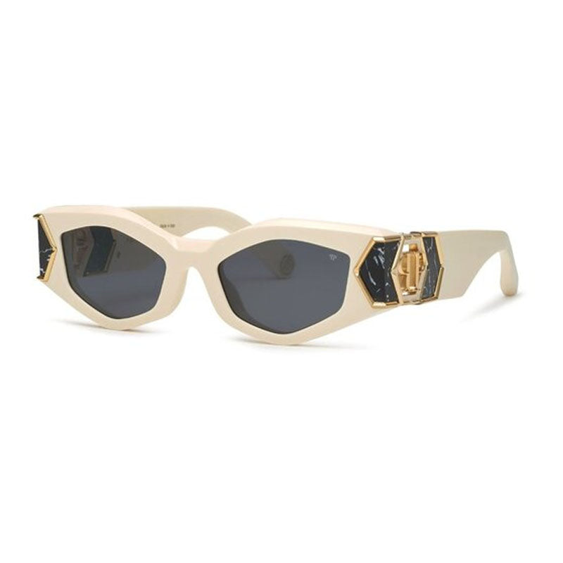 Philipp Plein Sunglasses Geometric Full Rim, Shiny Beige Frame and Dark Grey Lens SPP136M5206K6
