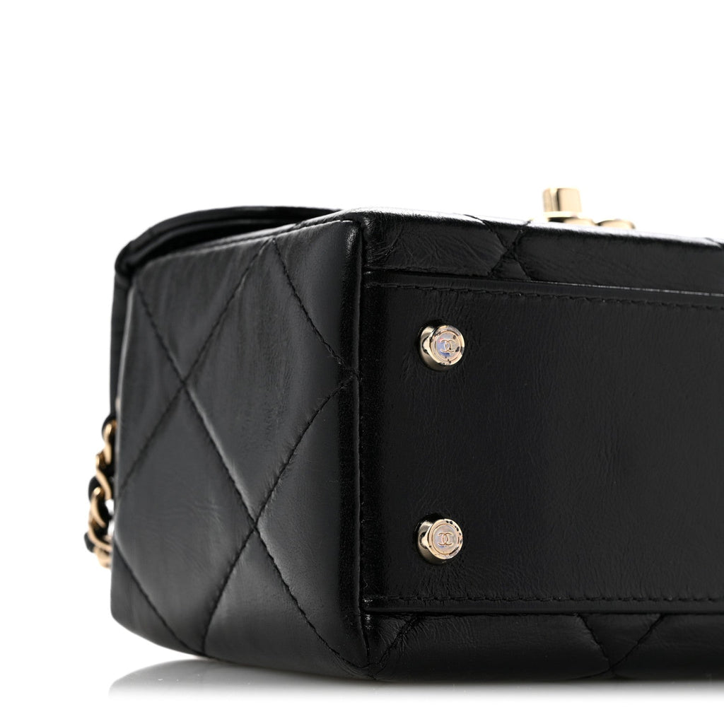 Shiny Calfskin Quilted Top Handle Box Bag Black