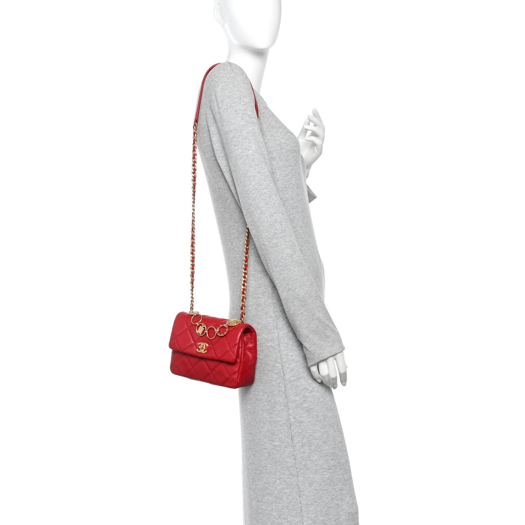 Calfskin Quilted Mini Charms Flap Red