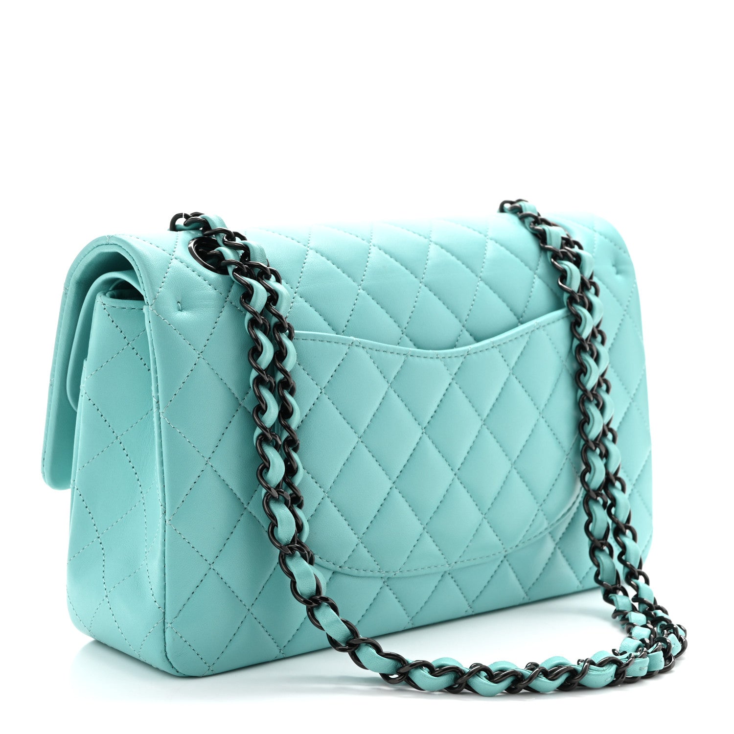 Lambskin Quilted Medium Double Flap Light Blue