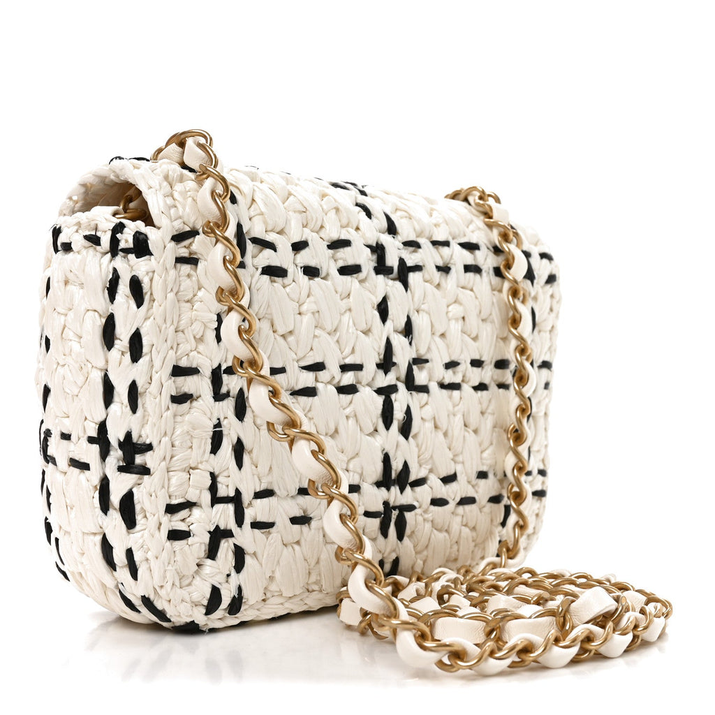 Raffia Effect Tweedy Mini Flap Bag White Black
