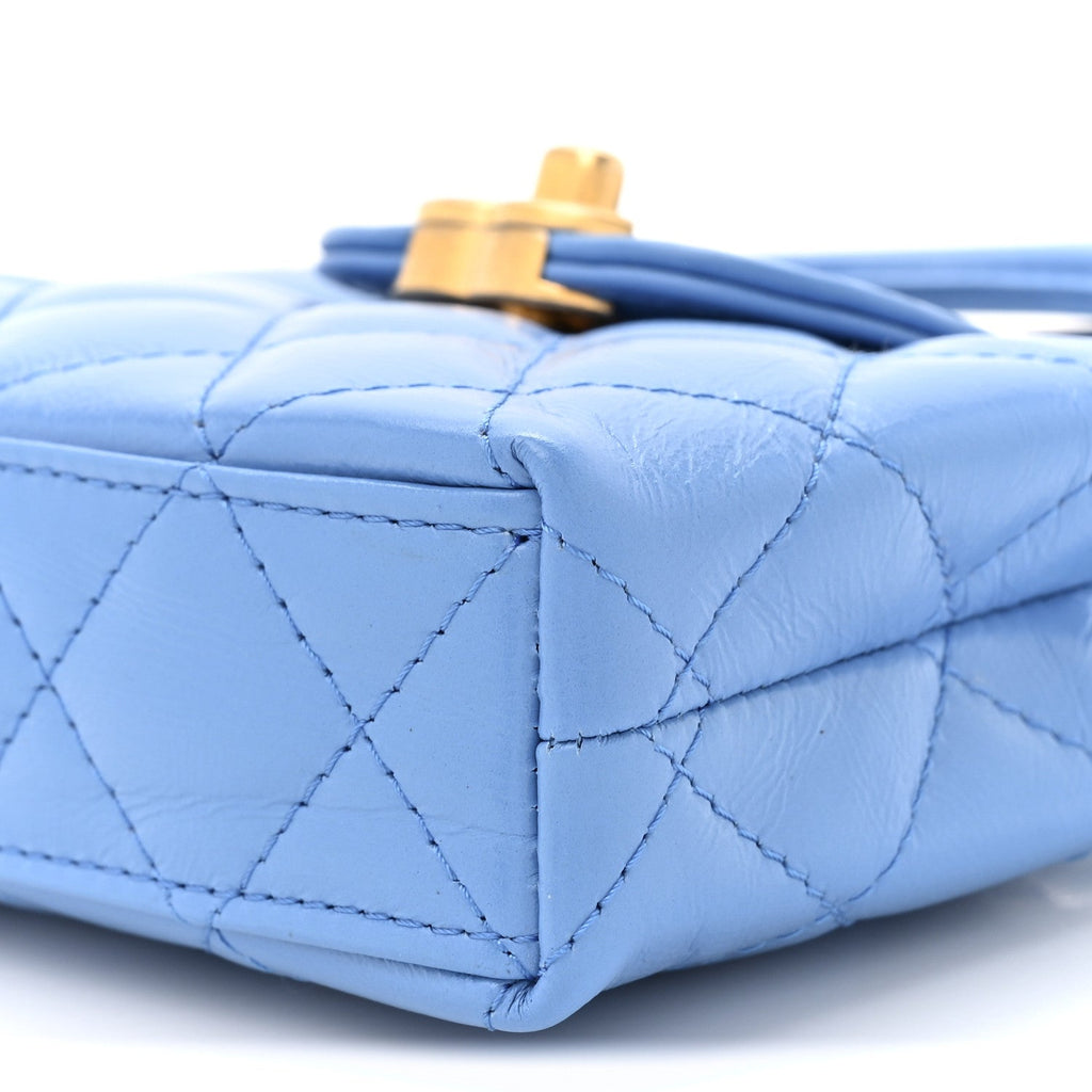 Shiny Aged Calfskin Quilted Mini Nano Kelly Shopper Blue