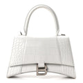 Shiny Calfskin Crocodile Embossed Small Hourglass Top Handle Bag White