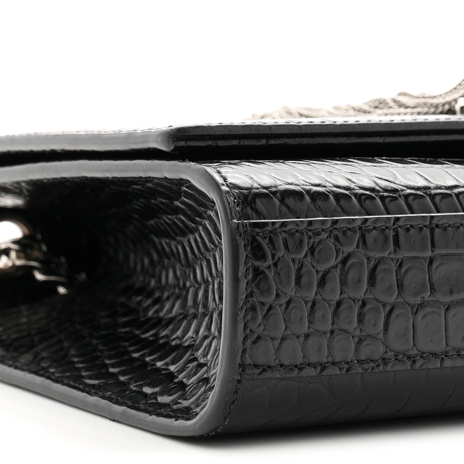 Calfskin Crocodile Embossed Small Classic Monogram Kate Tassel Satchel Black