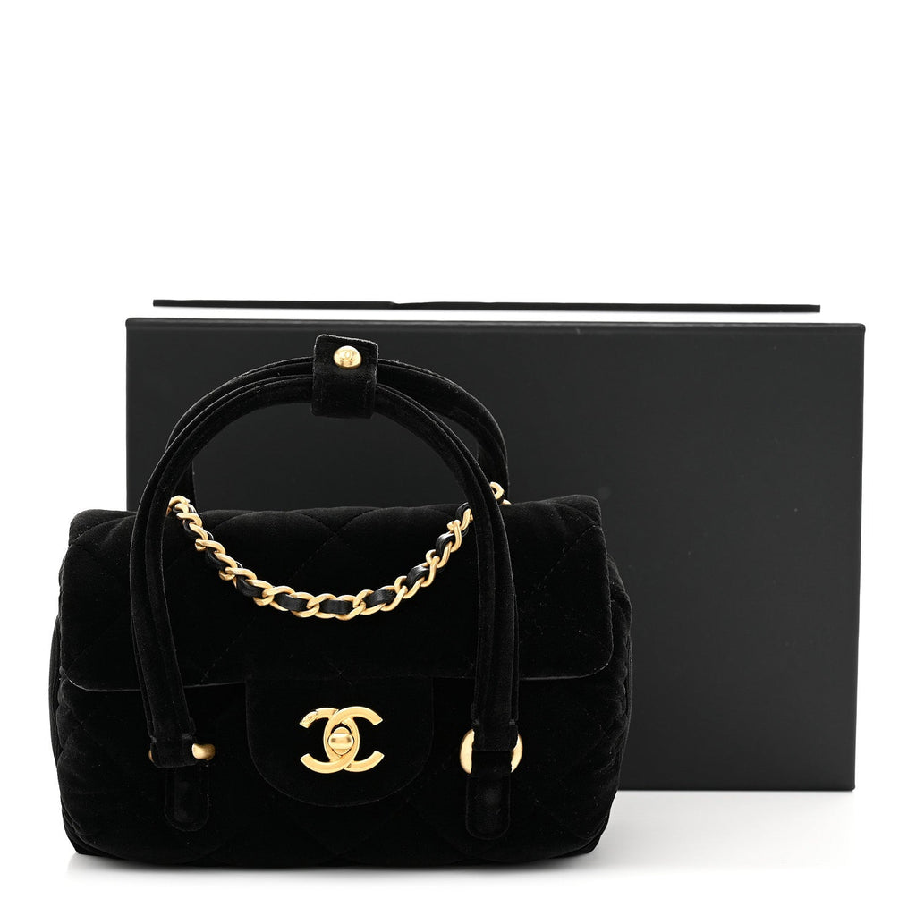Velvet Quilted Mini Top Handle Flap Black