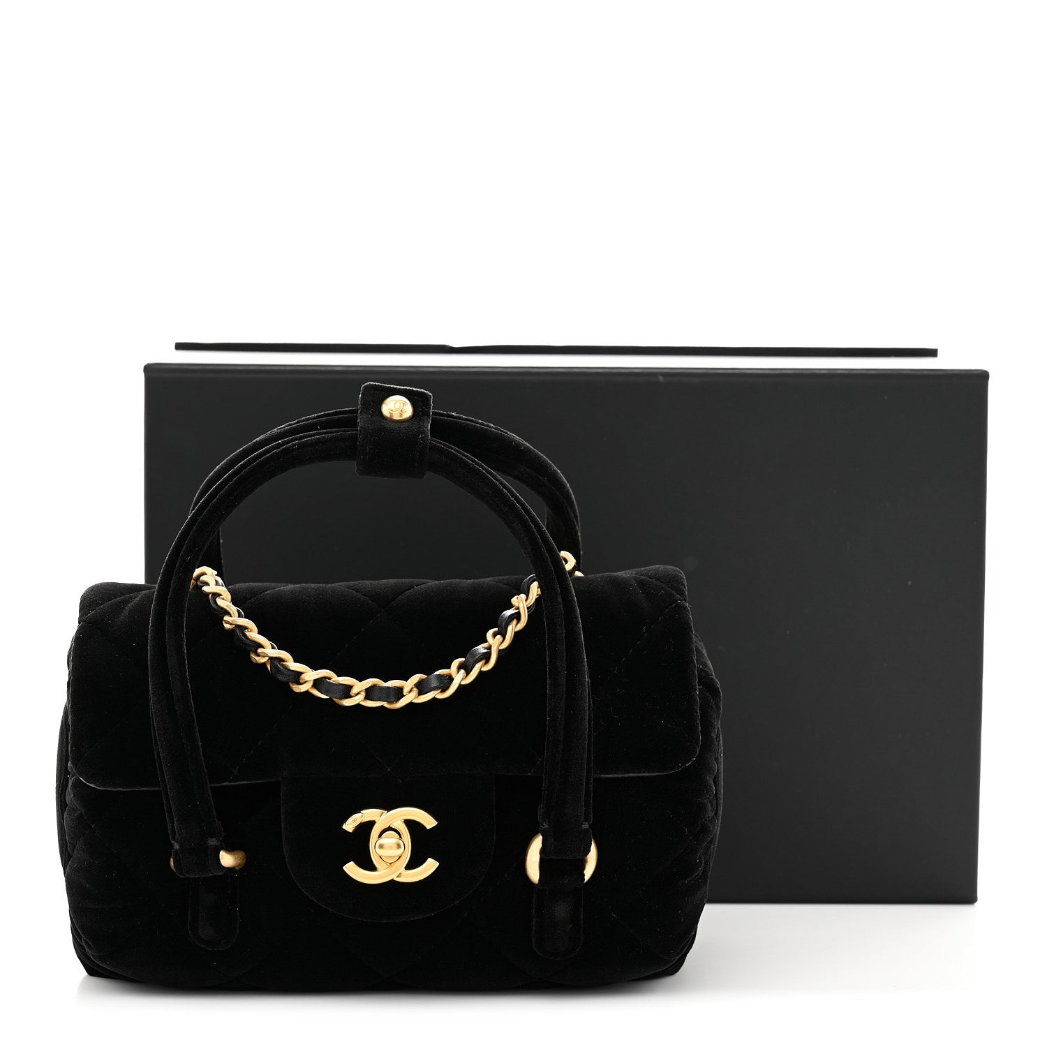 Velvet Quilted Mini Top Handle Flap Black
