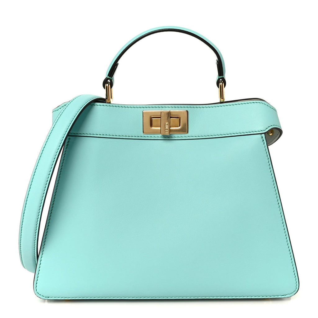 Vitello Seta Shiny Nappa Small Peekaboo I SEE U Satchel Spring Turquoise White