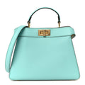Vitello Seta Shiny Nappa Small Peekaboo I SEE U Satchel Spring Turquoise White