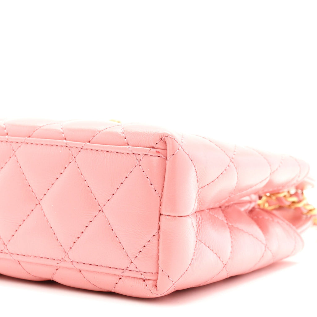 Shiny Aged Calfskin Quilted Nano Kelly Shopper Coral Pink