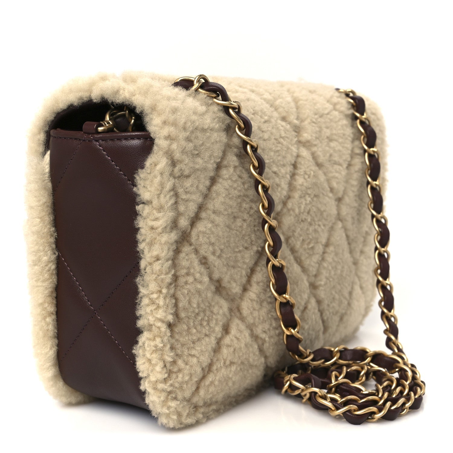 Shearling Lambskin Quilted Furry Coco Flap Beige Dark Brown