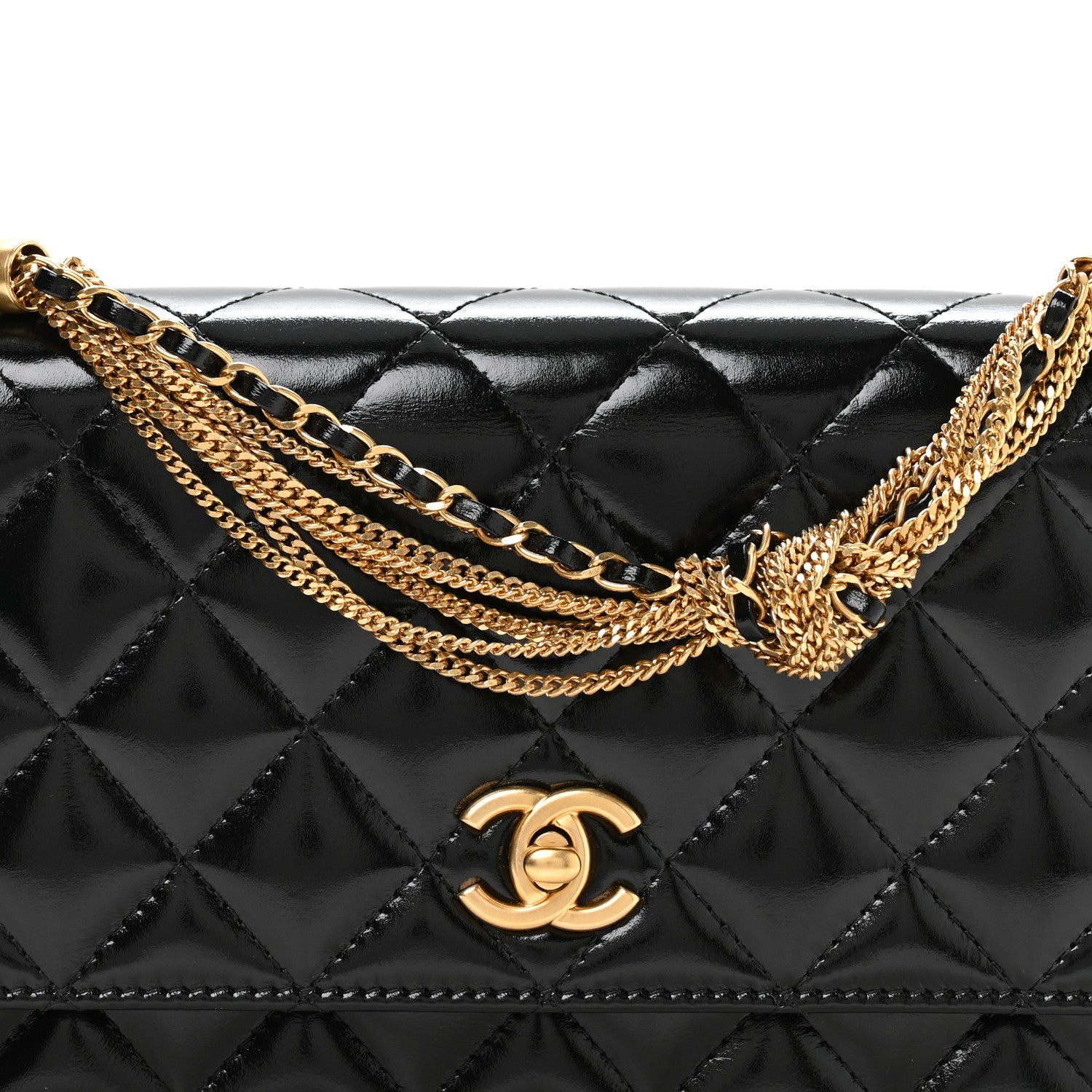 Shiny Crumpled Calfskin Quilted Precious Tie Wallet On Chain WOC Black