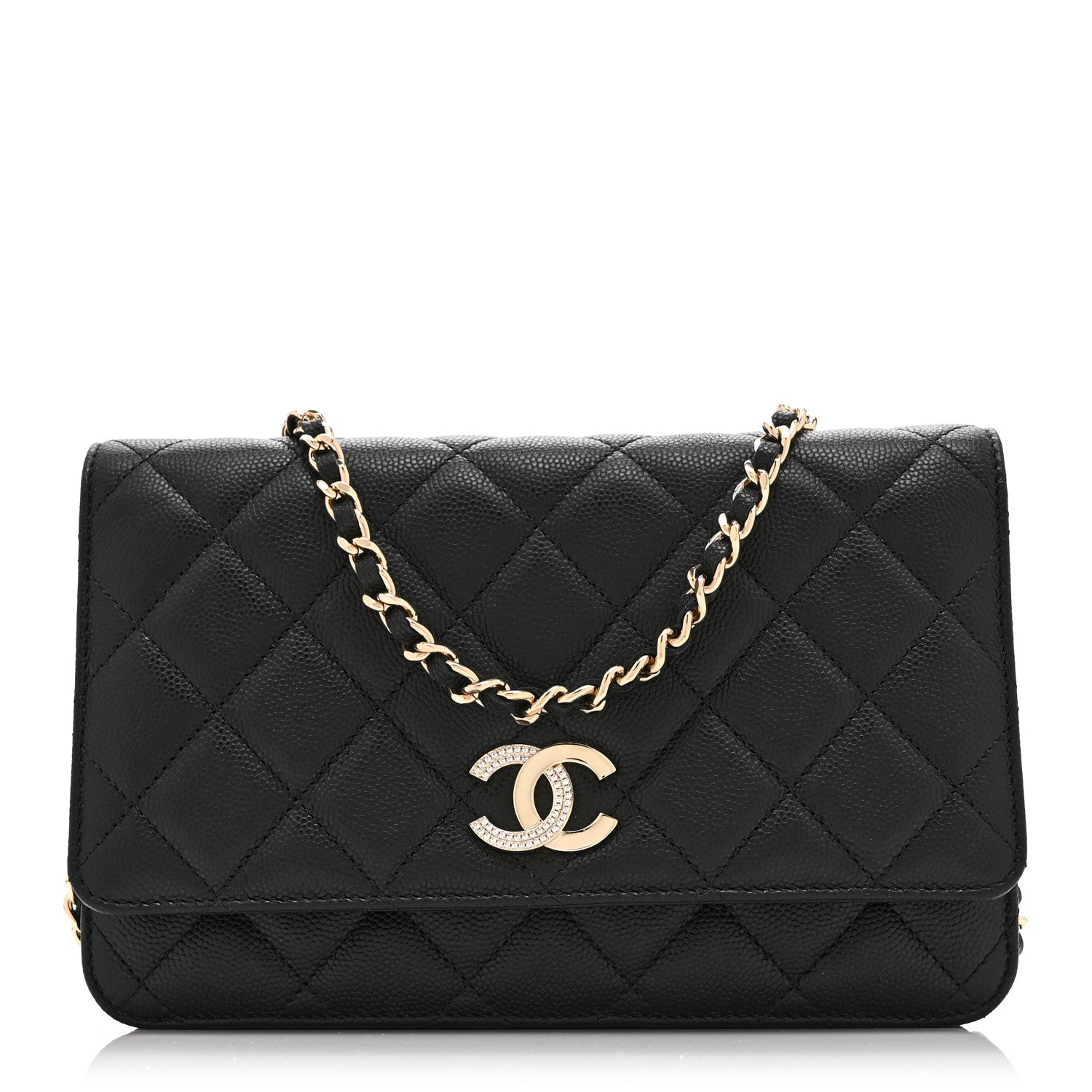 Caviar Quilted Crystal CC Wallet On Chain WOC Black
