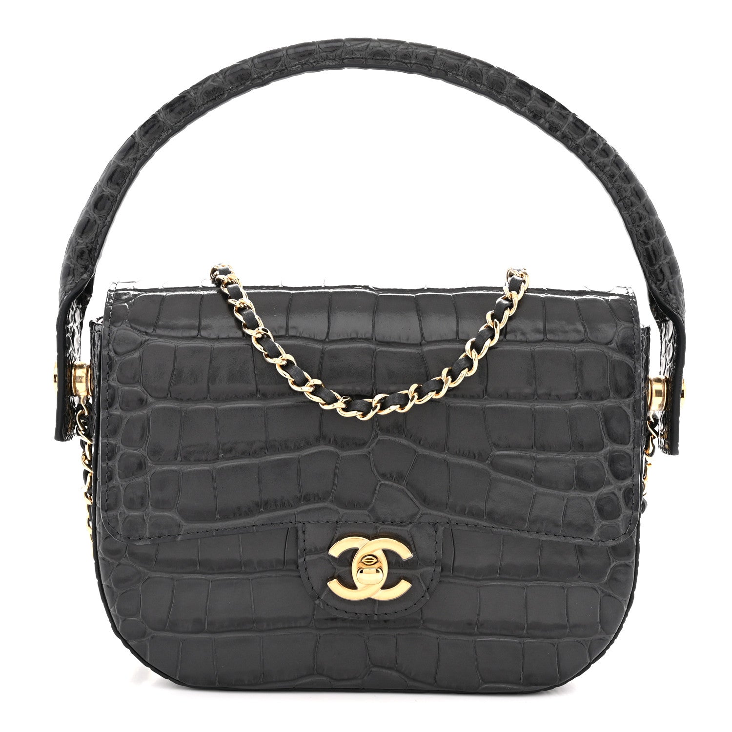 Calfskin Crocodile Embossed Turn Around Mini Flap Grey