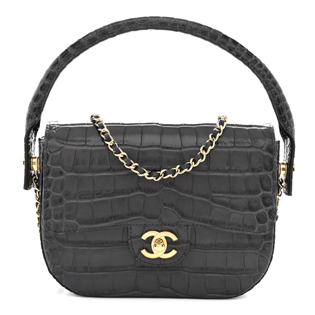 Calfskin Crocodile Embossed Turn Around Mini Flap Dark Grey