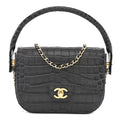 Calfskin Crocodile Embossed Turn Around Mini Flap Dark Grey