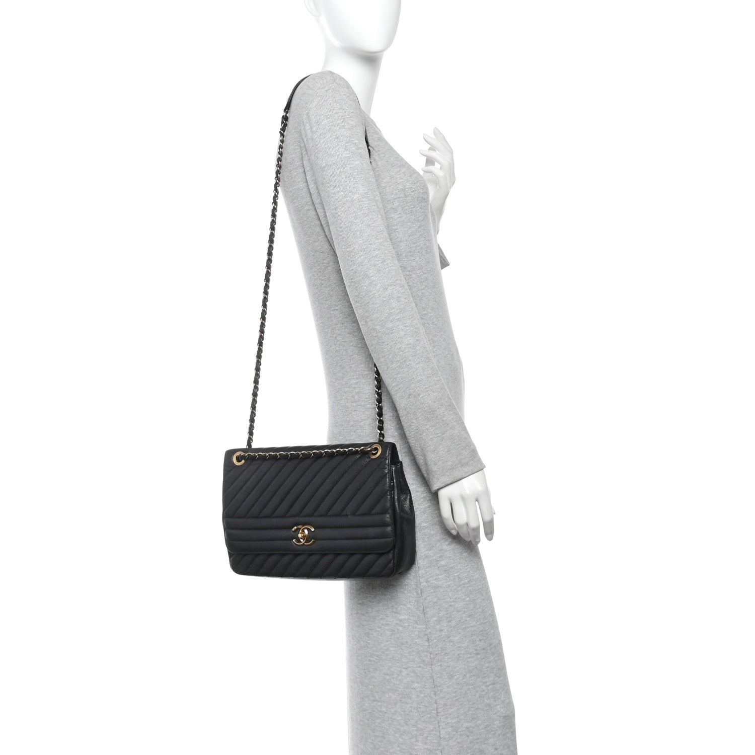 Shiny Goatskin Diagonal Quilted Large Flap Black