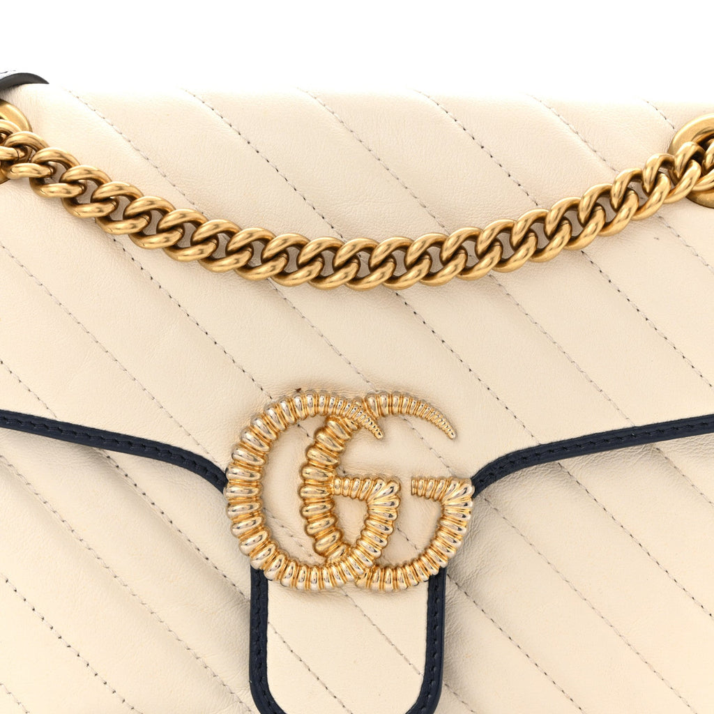 Vintage Effect Calfskin Matelasse Diagonal Small Torchon GG Marmont Shoulder Bag Mystic White Blue Agata