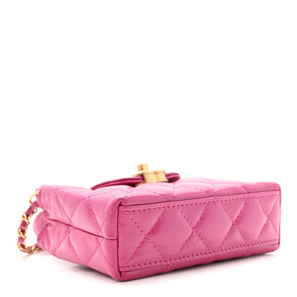 Shiny Aged Calfskin Quilted Mini Nano Kelly Shopper Dark Pink