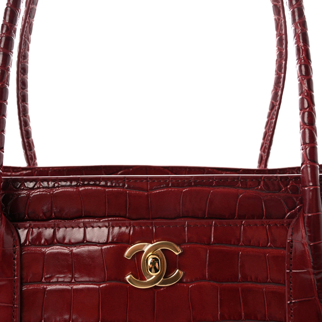 Calfskin Crocodile Embossed Archetype Small Shopping Tote Burgundy
