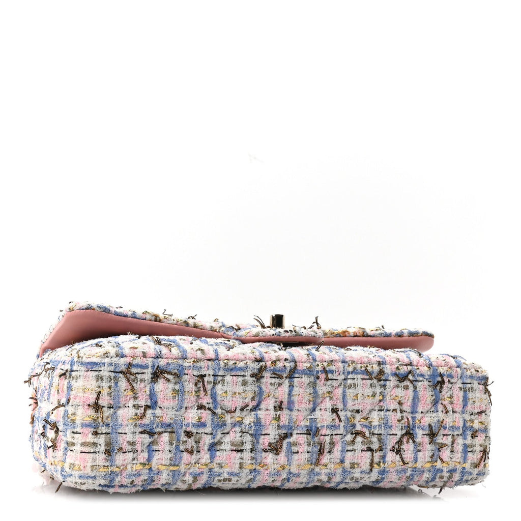 Tweed Quilted Medium Double Flap Blue Pink Gold White