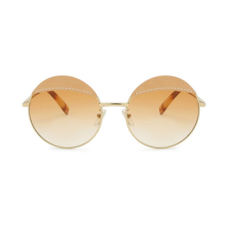 Loewe Sunglasses Round Full Rim, Gold Brown Leather Frame and Brown Lens LW40007U33N