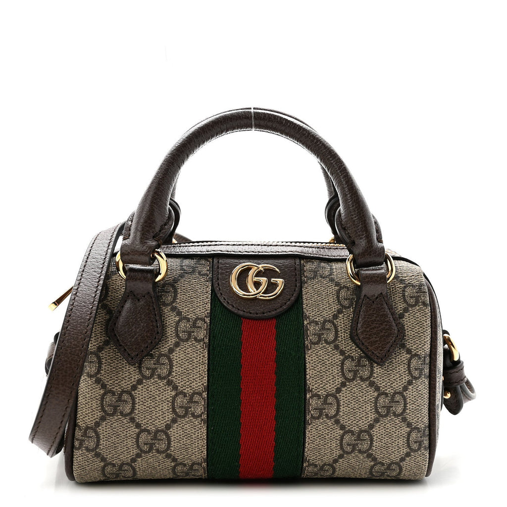 GG Supreme Monogram Textured Dollar Calfskin Web Super Mini Ophidia Top Handle Bowler Bag Beige Ebony New Acero