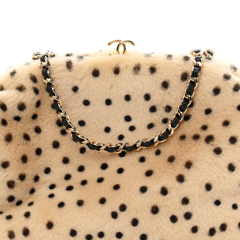 Pony Hair Cheetah Printed Lambskin Clutch With Chain Beige Black