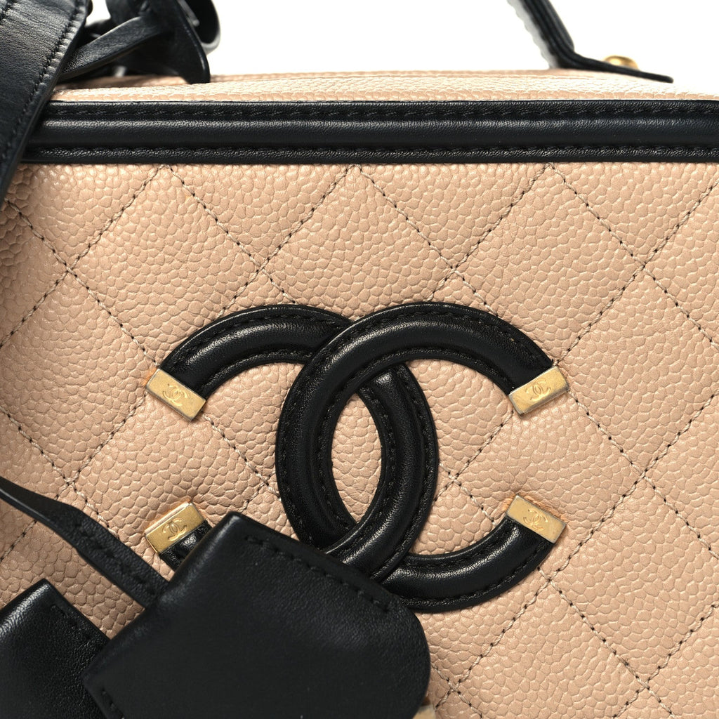 Caviar Quilted Small CC Filigree Vanity Case Beige Black Beige Black
