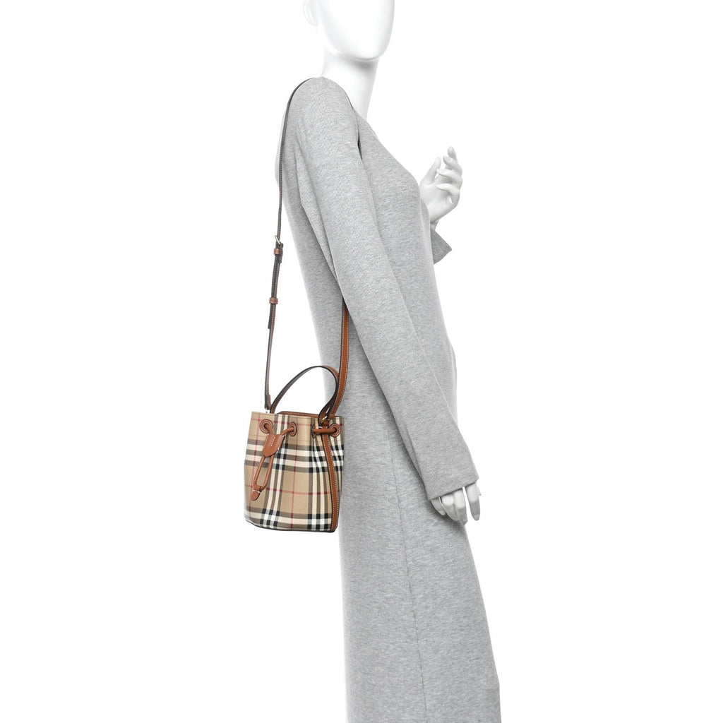 E-Canvas Vintage Check Mini Drawstring Bucket Bag Briar Brown