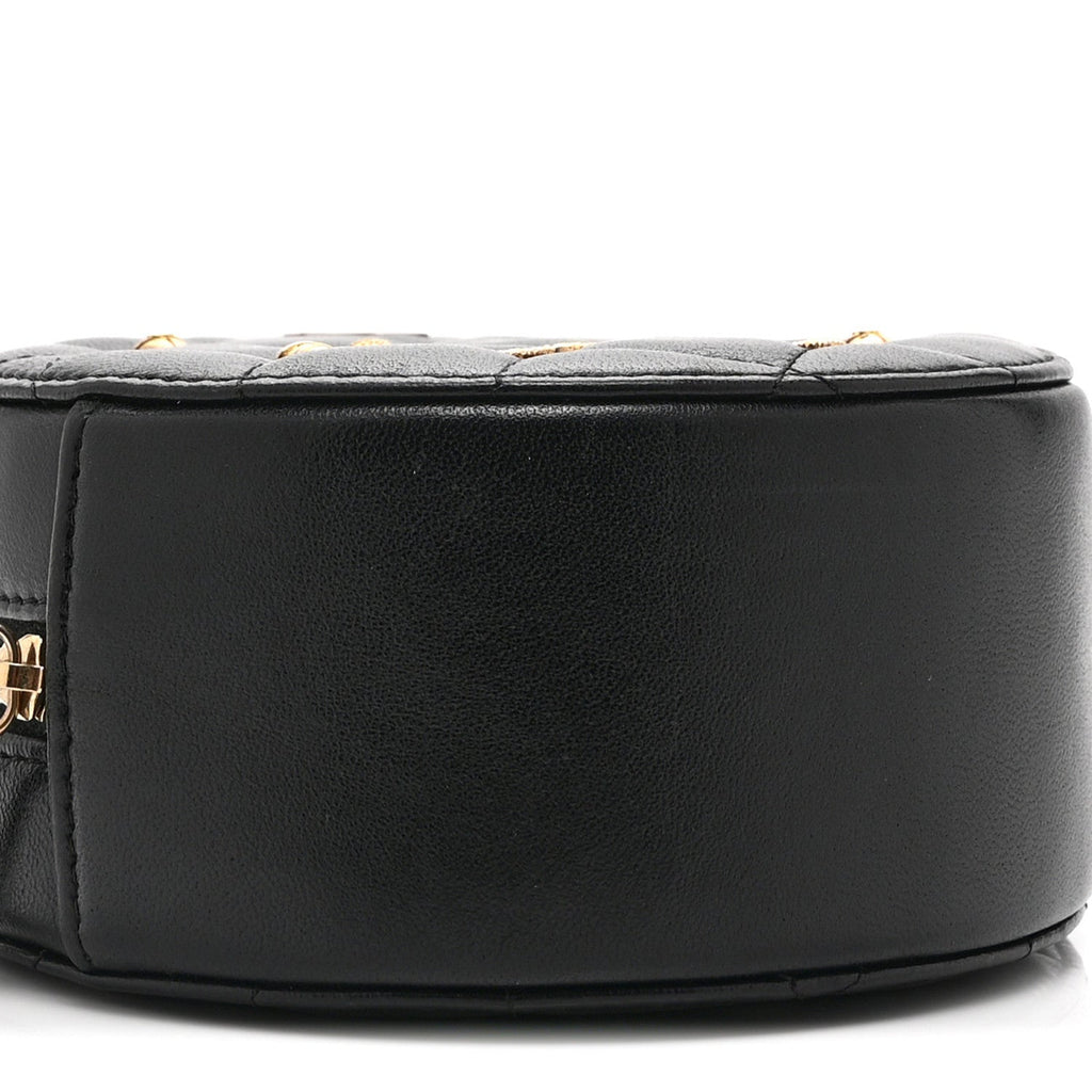 Lambskin Quilted Egyptian Amulet Round Clutch With Chain  Black