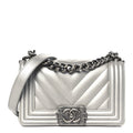 Metallic Caviar Chevron Quilted Small Boy Flap Silver