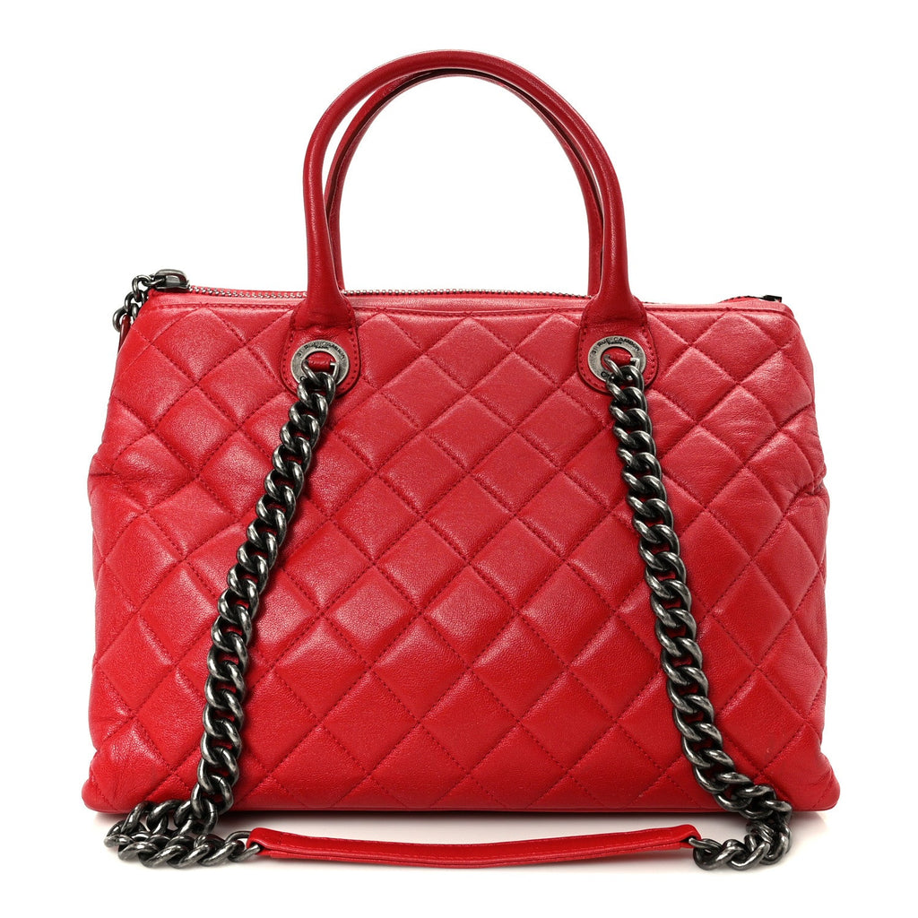 Shiny Sheepskin Quilted Medium Shopping Tote Red